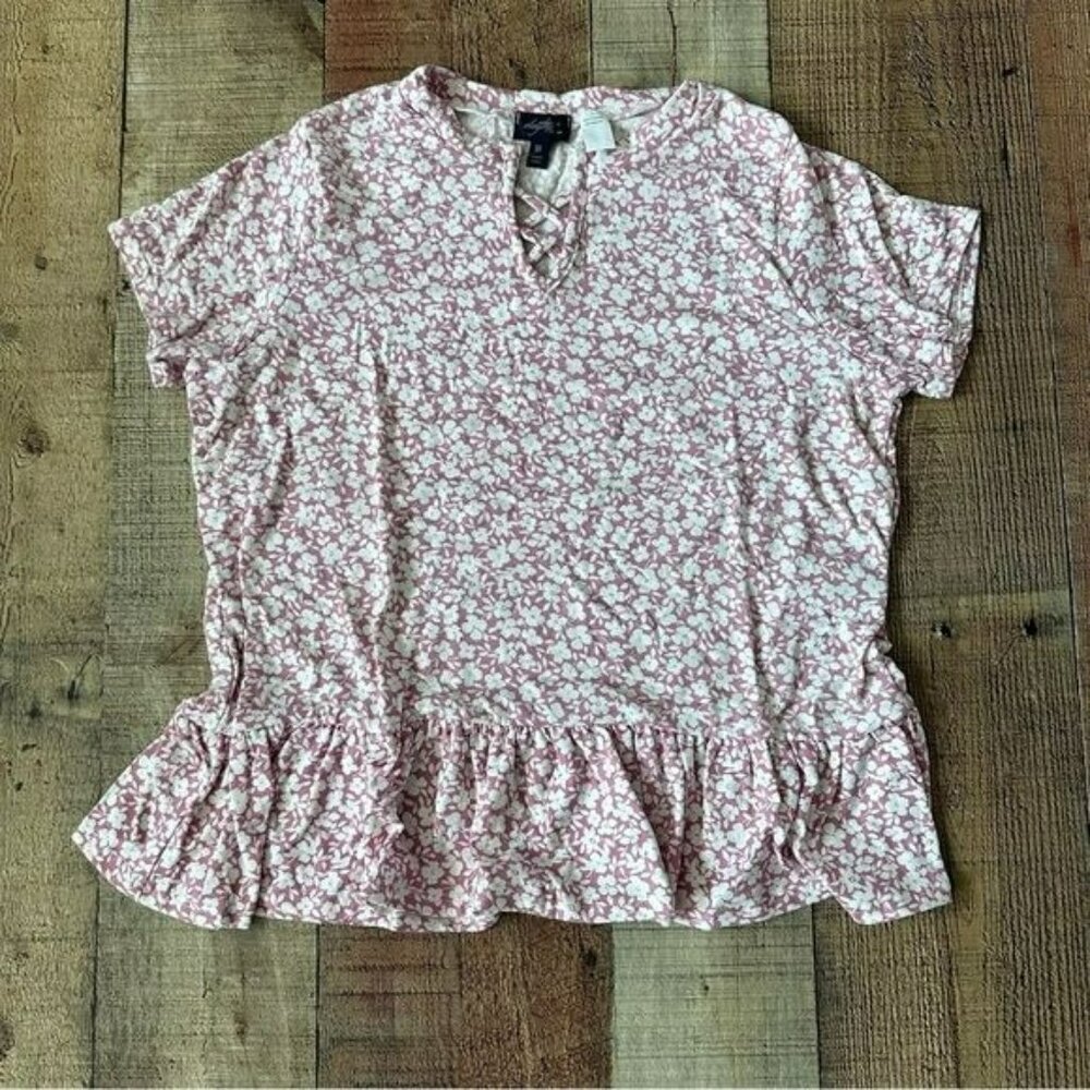 Buckles daytrip youth girls short sleeve shirt with flowers in pink white -XL